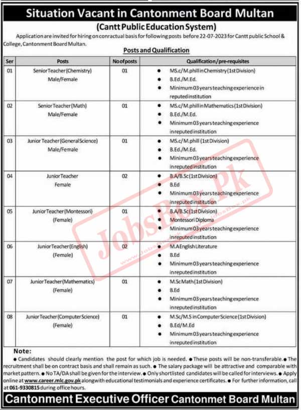 Cantonment Board Multan Jobs 2023 at Cantt Public School and College