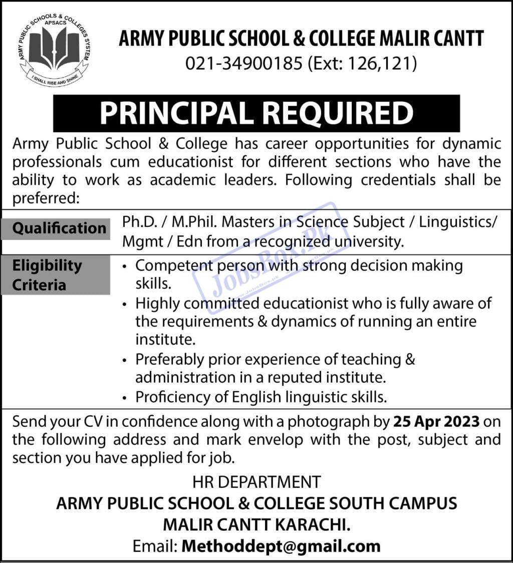 Army Public School and College Malir Cantt Jobs 2023 for Principal