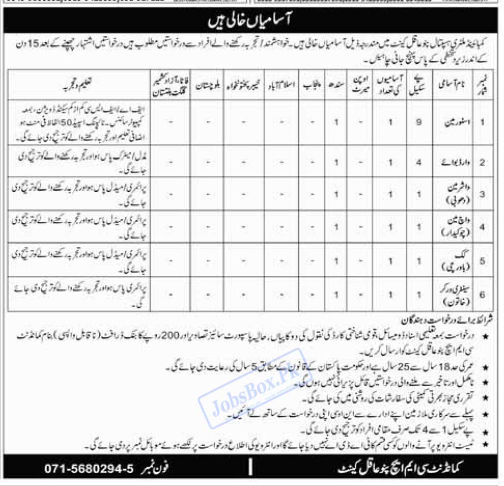 Combined Military Hospital CMH Pano Aqil Jobs 2023 Current Vacancies