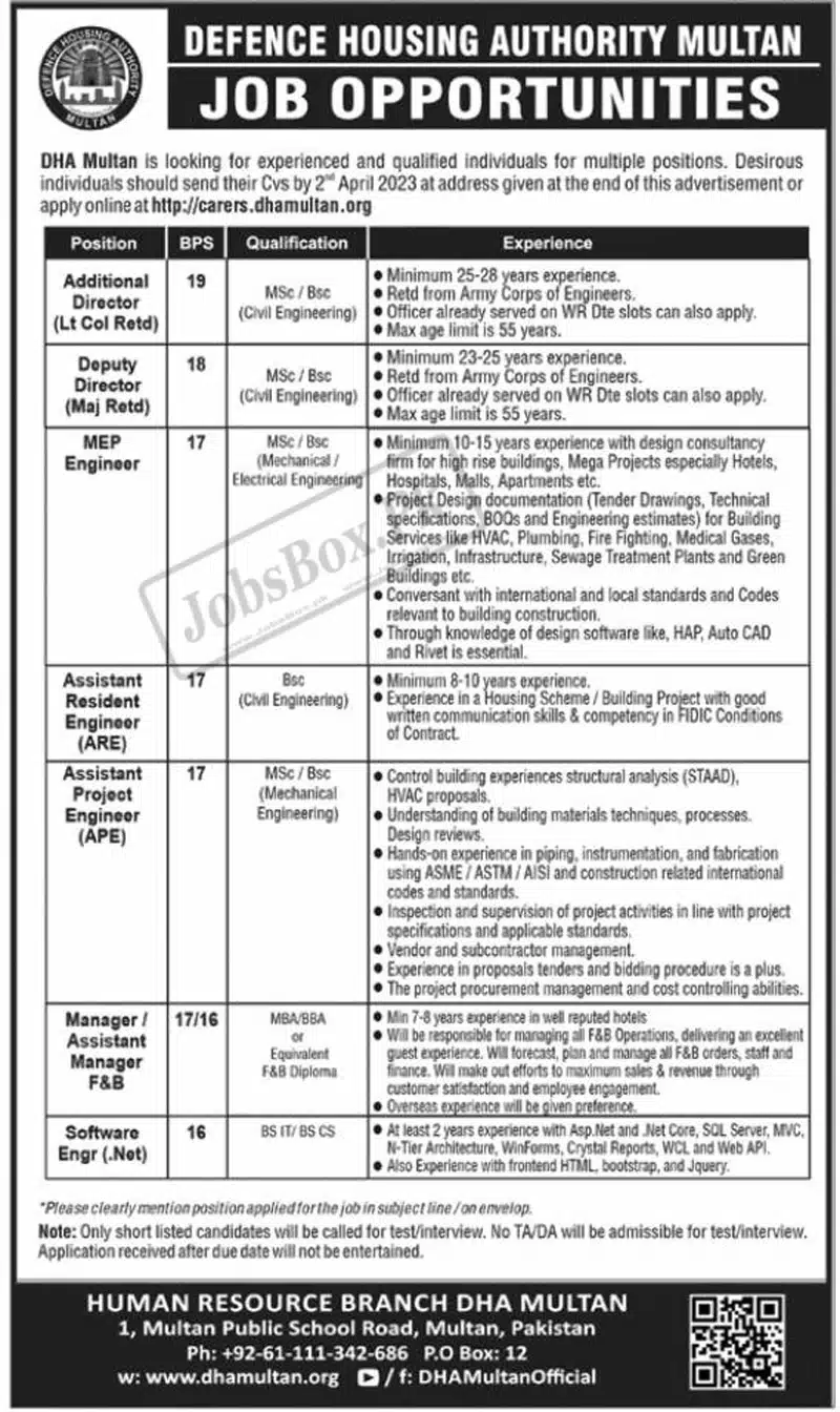 Defence Housing Authority DHA Multan Jobs 2023 Online Apply at DHA Career Portal
