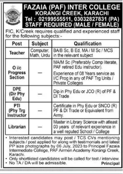 Fazaia Inter College FIC Korangi Creek Karachi Jobs 2023