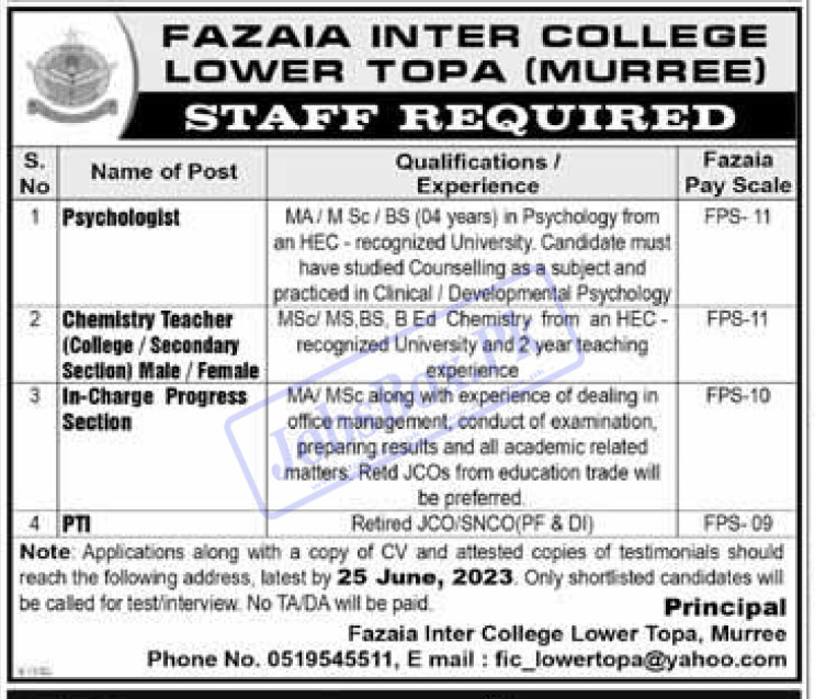 Fazaia Inter College Lower Topa Murree Jobs 2023 Vacancy Notice