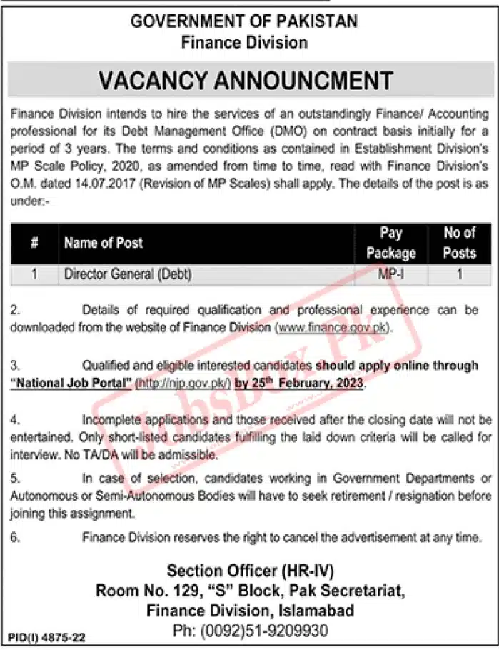 Finance Division Government of Pakistan Jobs for Director General