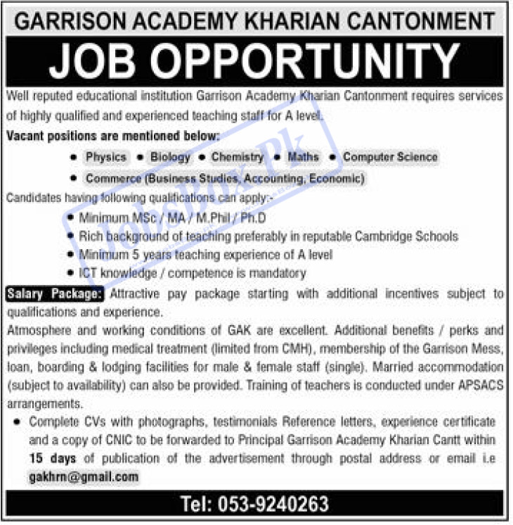 Garrison Academy Kharian Cantonment Jobs 2023 - Teaching Jobs Recruitment
