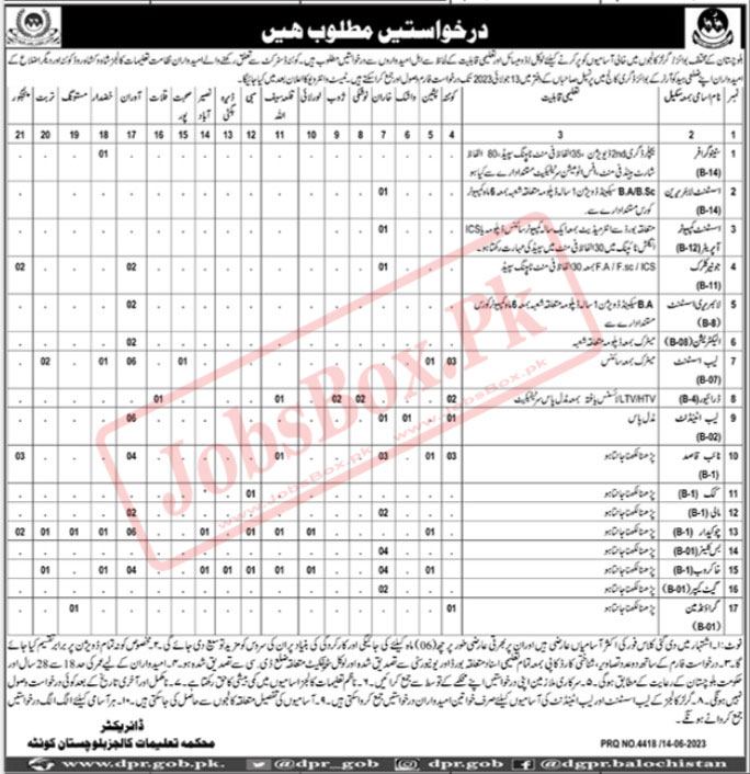 Higher Education Department Balochistan Jobs 2023 in Govt Colleges