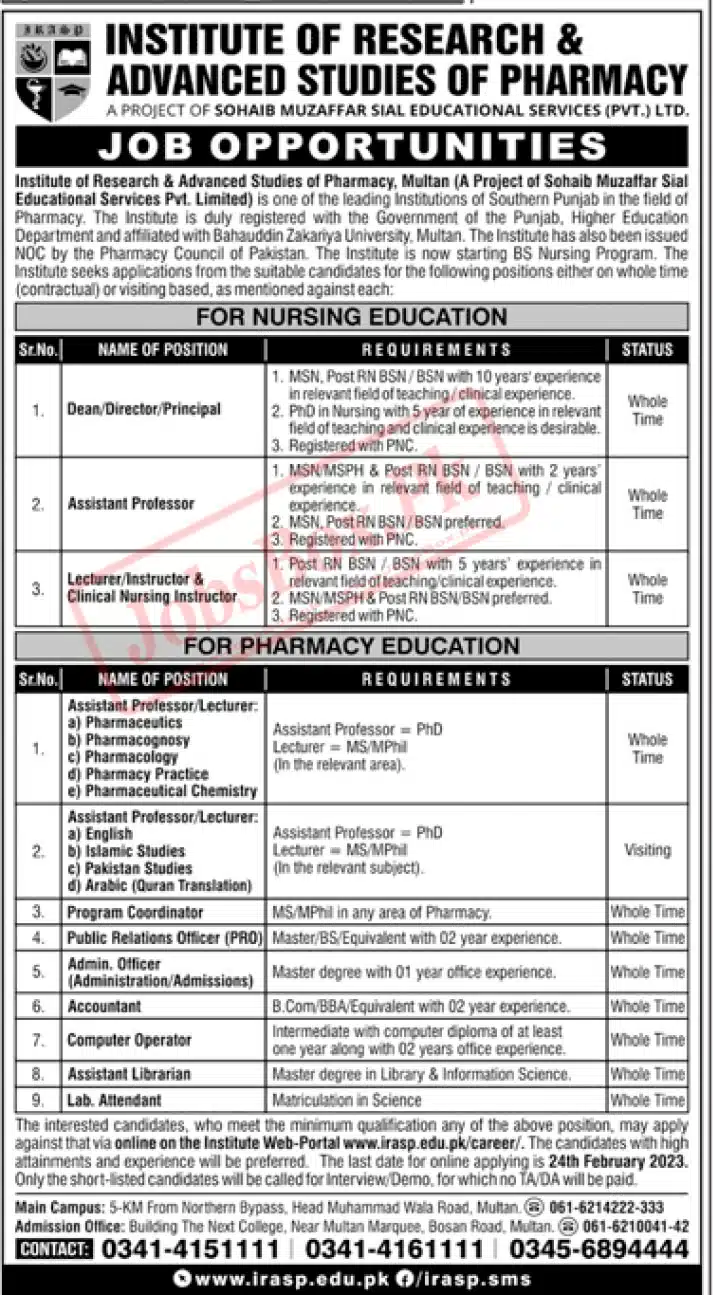 Institute of Research and Advanced Studies of Pharmacy Jobs 2023