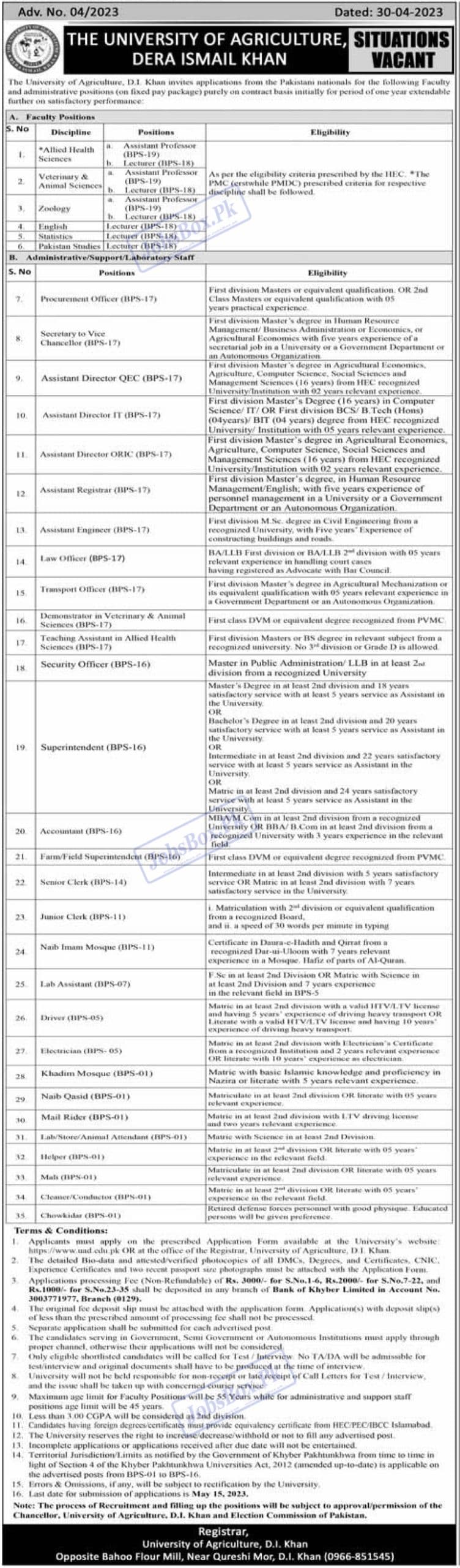 Latest University of Agriculture Dera Ismail Khan Jobs 2023