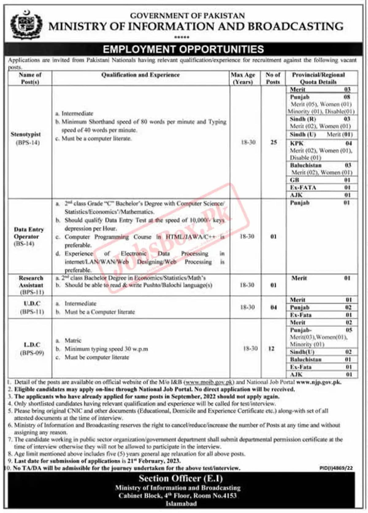 MOIB New Government Jobs 2023 Upload Online CVs