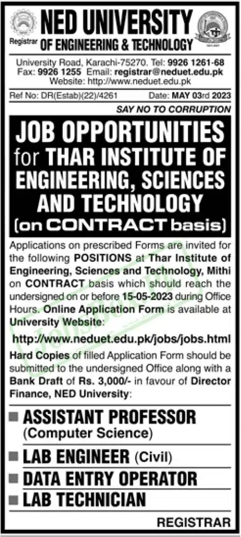 NED University Jobs 2023 - Online Employment Form www.neduet.edu.pk
