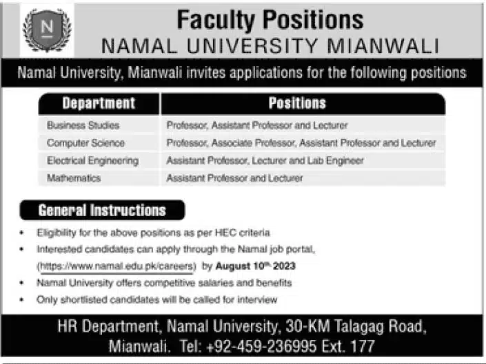 Namal University Mianwali Jobs 2023 Online