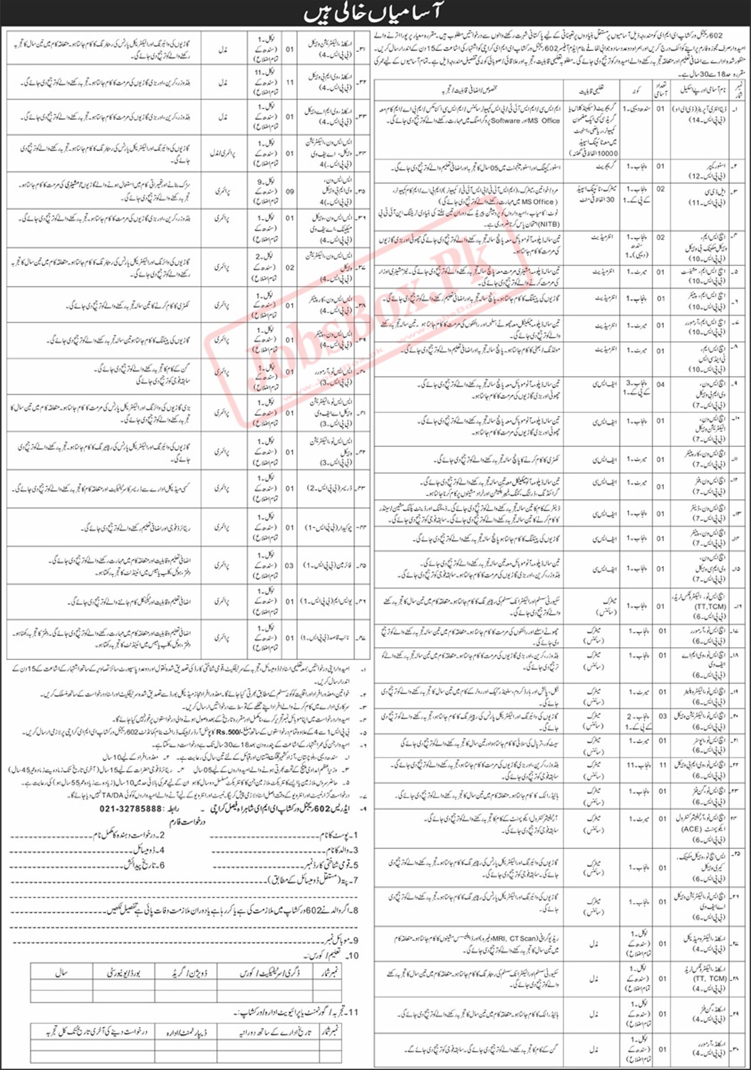 Pak Army 602 Regional Workshop EME Karachi Jobs 2023