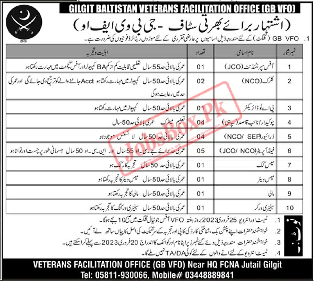 Pak Army Gilgit Baltistan Veterans Facilitation Office Jobs 2023