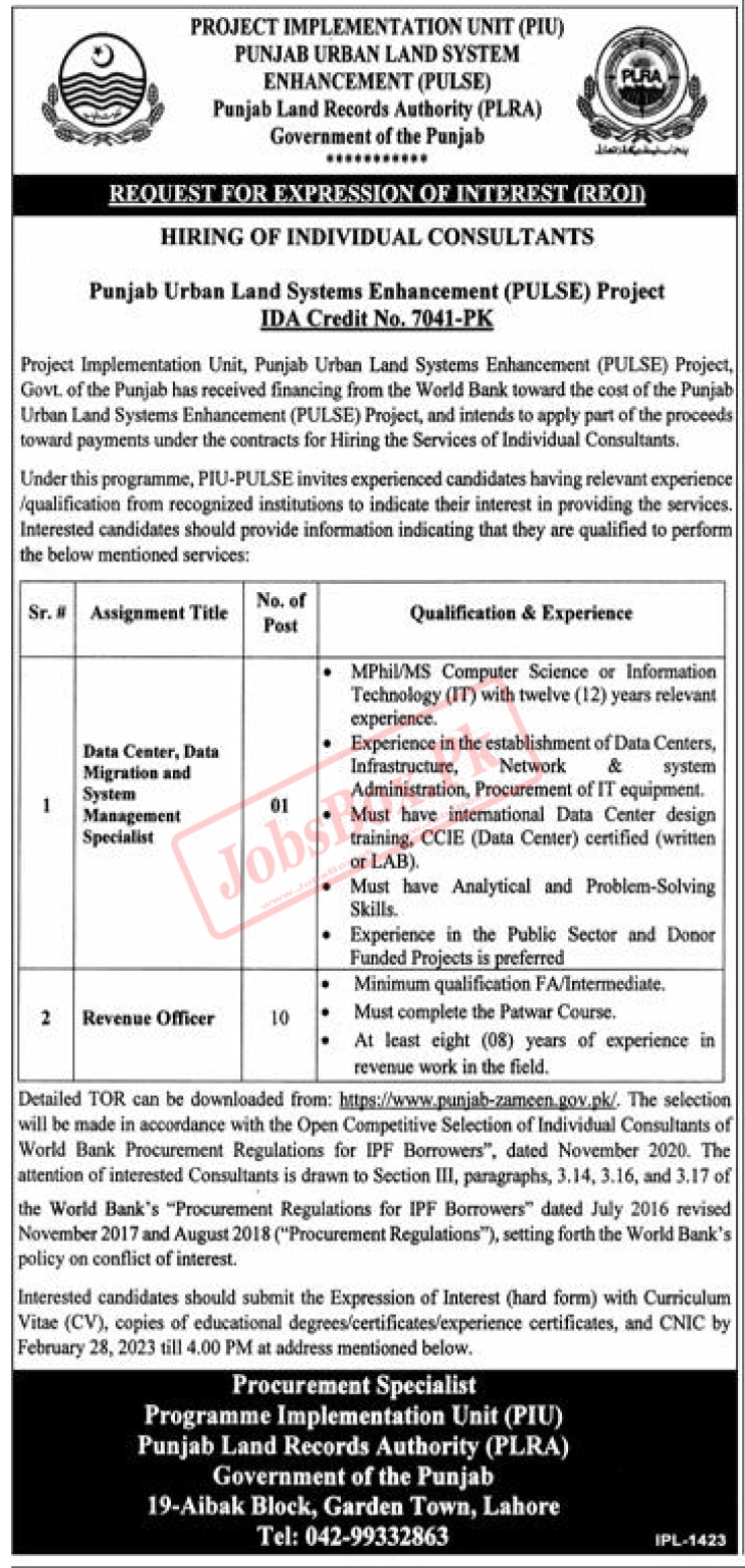 Punjab Land Records Authority PLRA Jobs 2023