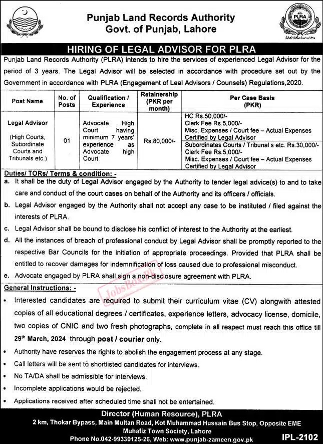 Punjab Land Records Authority PLRA Jobs 2024