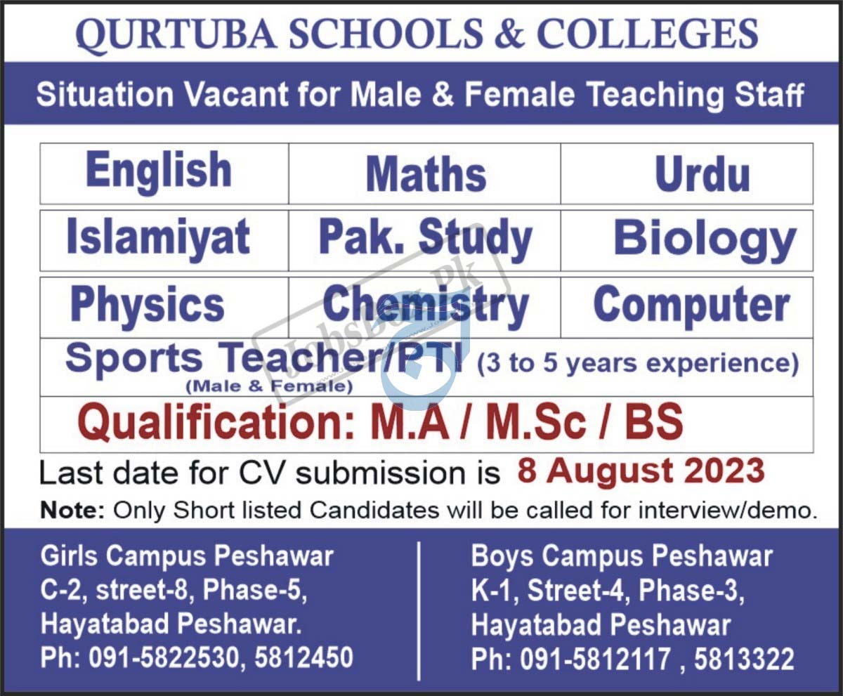 Qurtuba Schools and Colleges Peshawar Jobs 2023 for Males and Females