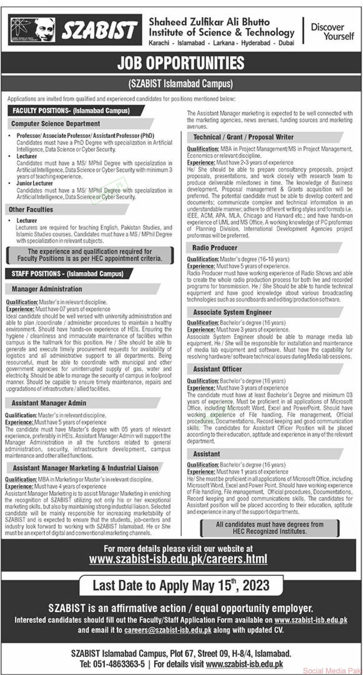 SZABIST Jobs 2023 at Islamabad Campus - Download Application Form