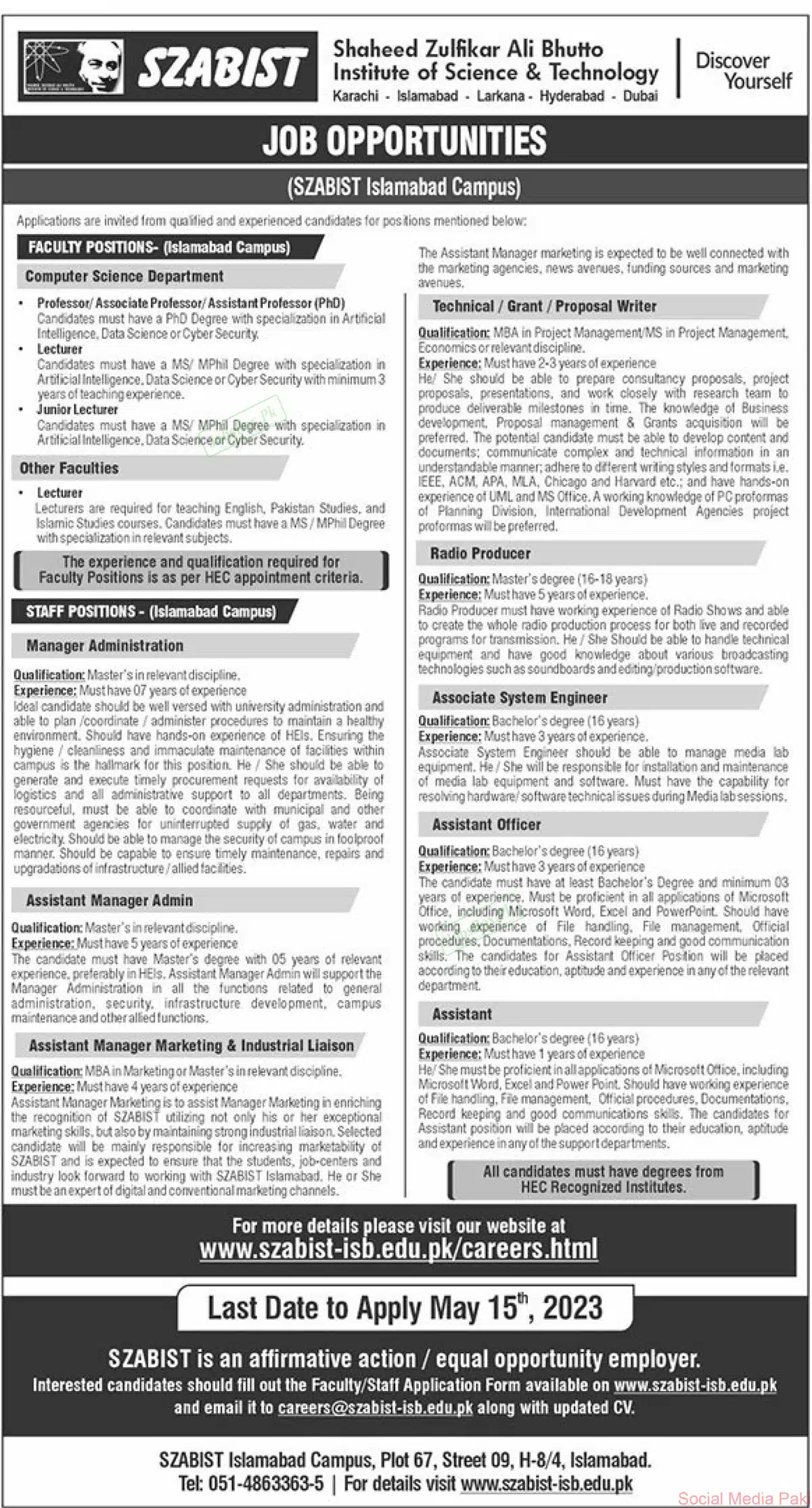 SZABIST Jobs 2023 at Islamabad Campus - Download Application Form