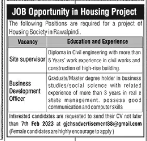 Site Supervisor and Business Development Officer Jobs in Rawalpindi