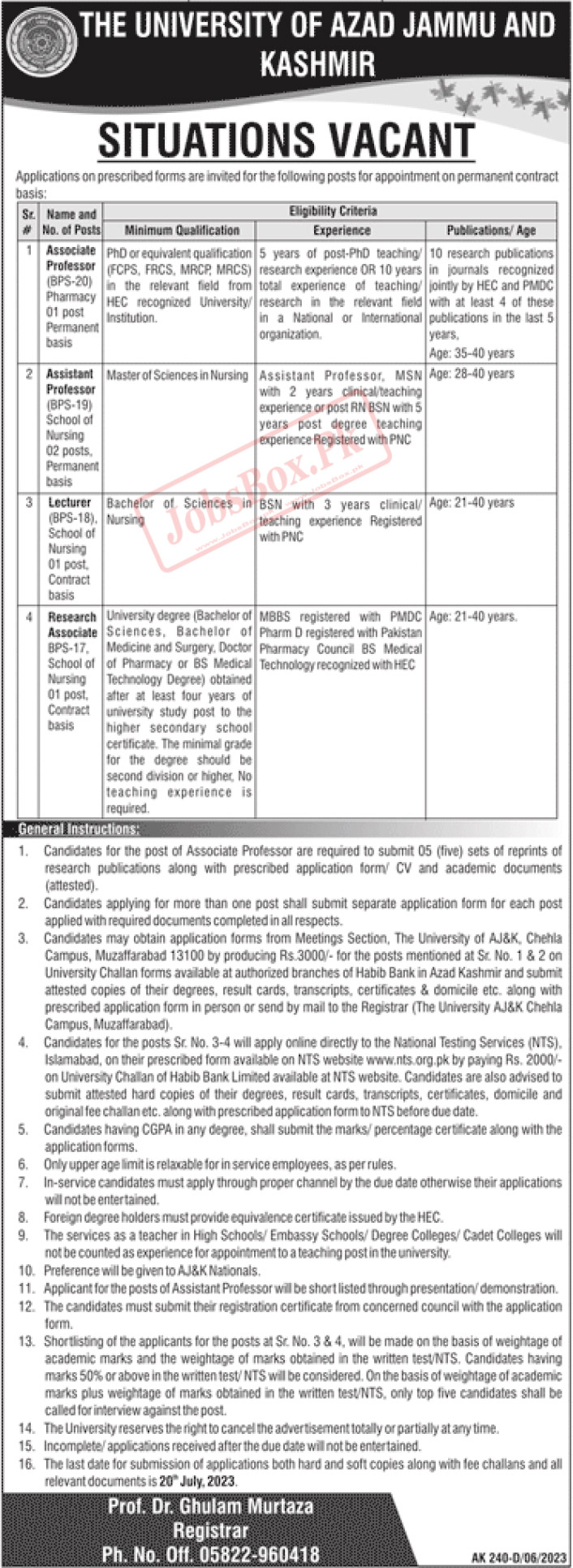 University of AJK Muzaffarabad Jobs 2023 NTS Online Apply
