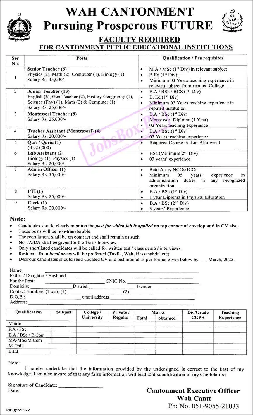 Wah Cantonment Board Jobs 2023 for Public Educational Institutions