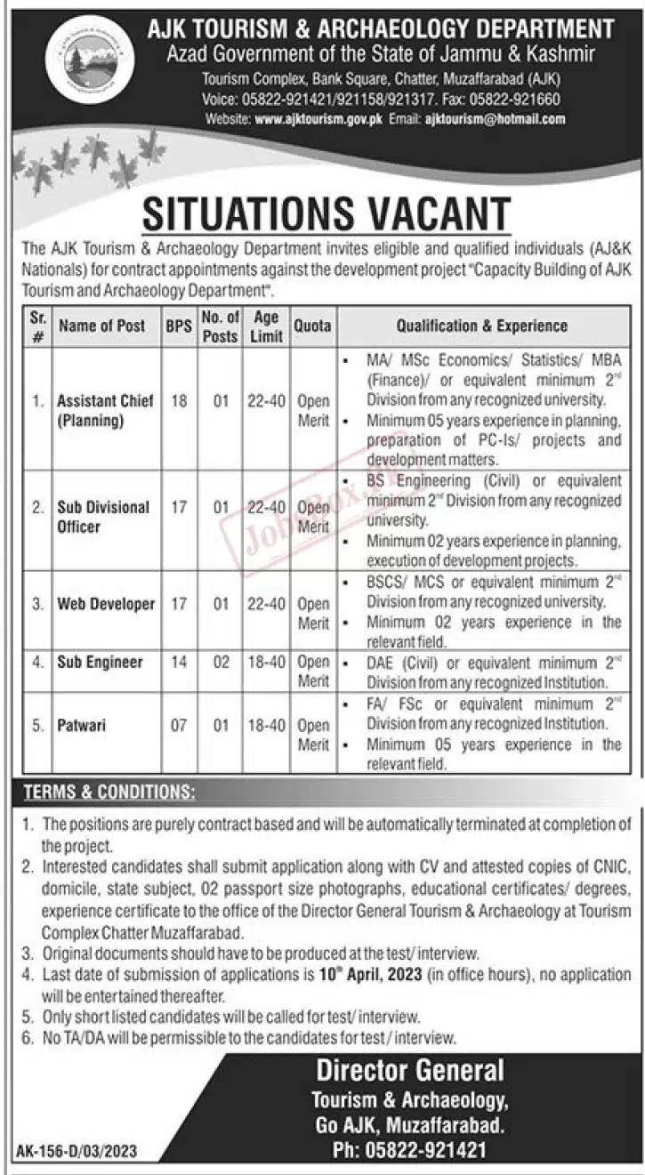 AJK Tourism and Archaeology Department Jobs 2023