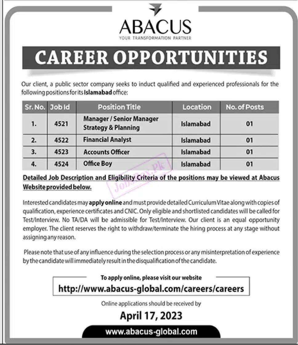 Abacus Global Jobs 2023 For Islamabad Office