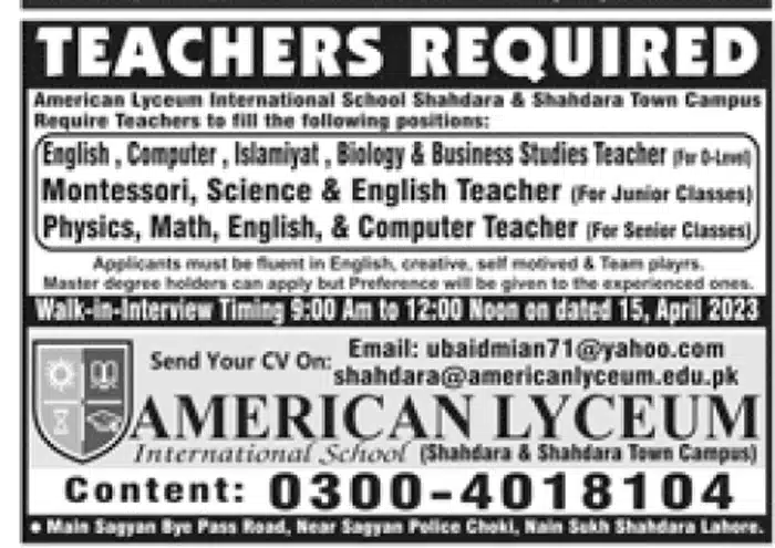 Americal Lyceum International School Lahore Jobs 2023