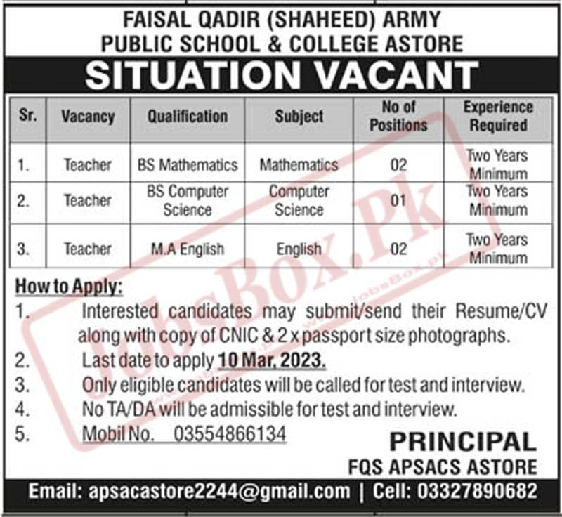 Army Public School and College Astore Jobs 2023