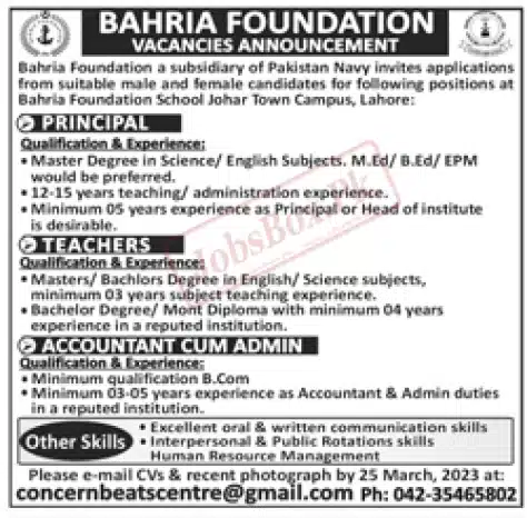 Bahria Foundation School Lahore Jobs 2023