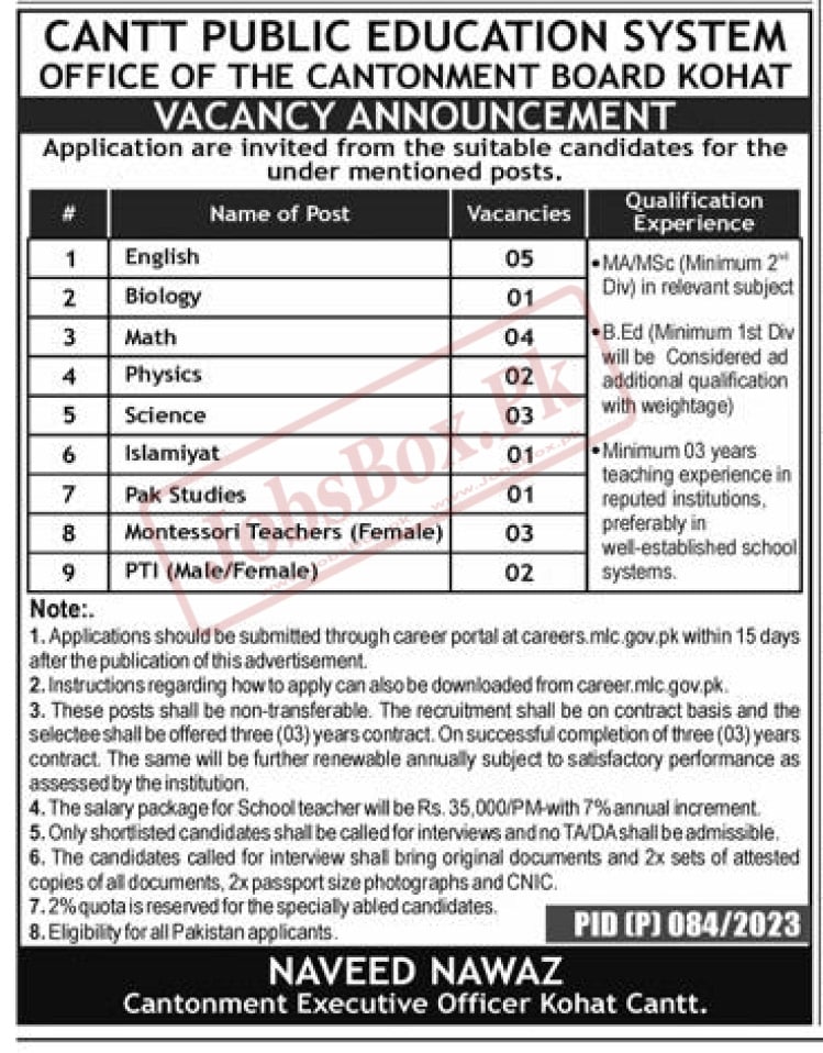 Cantt Public Education System Kohat Jobs 2023