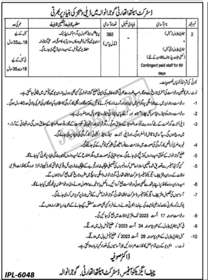 District Health Authority Gujranwala Jobs 2023 for Sanitary Patrol