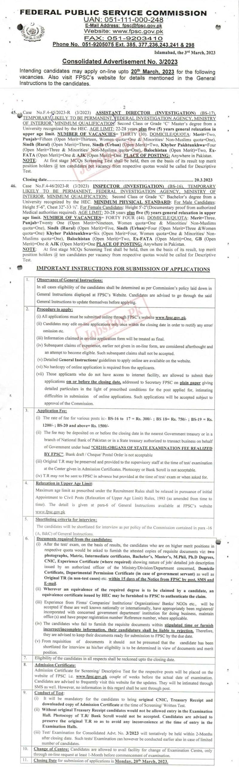 FIA Jobs 2023 for Inspectors Investigation Announced by FPSC