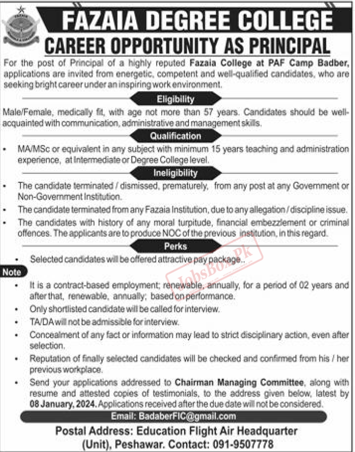 Fazaia Degree College Jobs