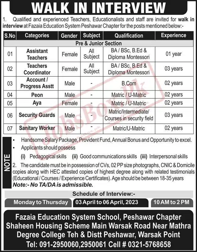 Fazaia Education System Peshawar Jobs 2023