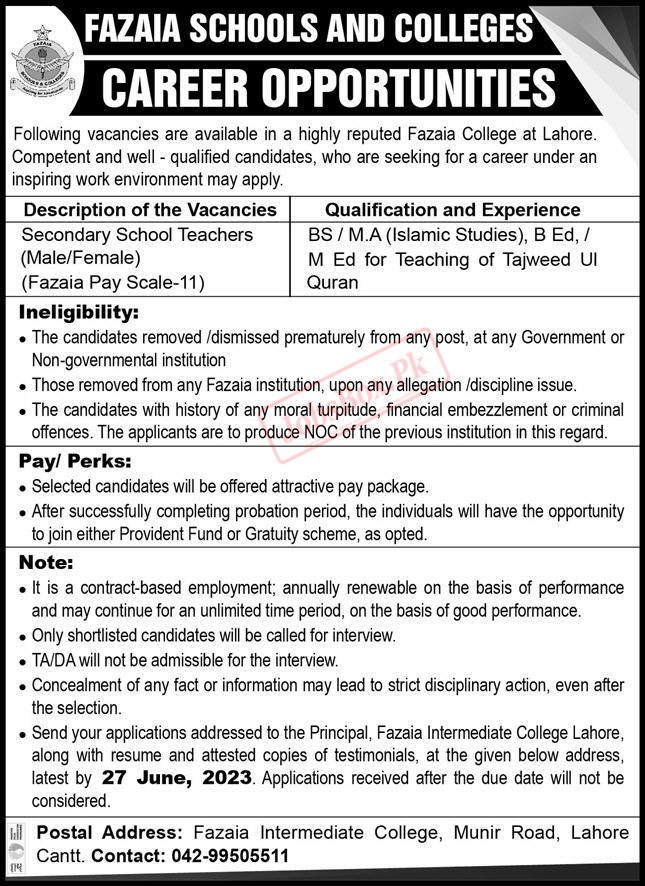 Fazaia Intermediate College Lahore Jobs 2023 for Teaching Staff