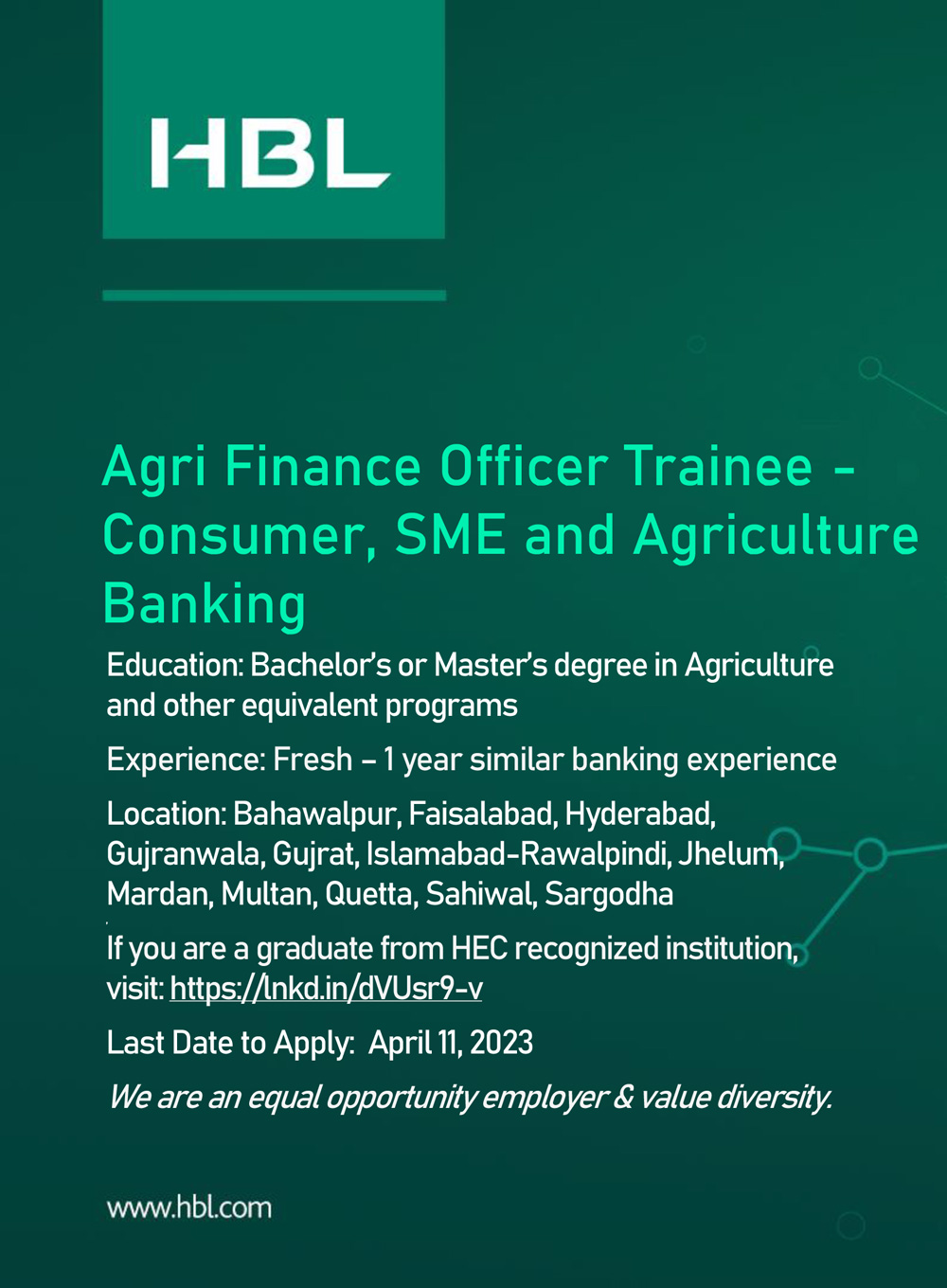 HBL wants Agri Finance Officers Trainee at Multiple Branches - Online Apply Now