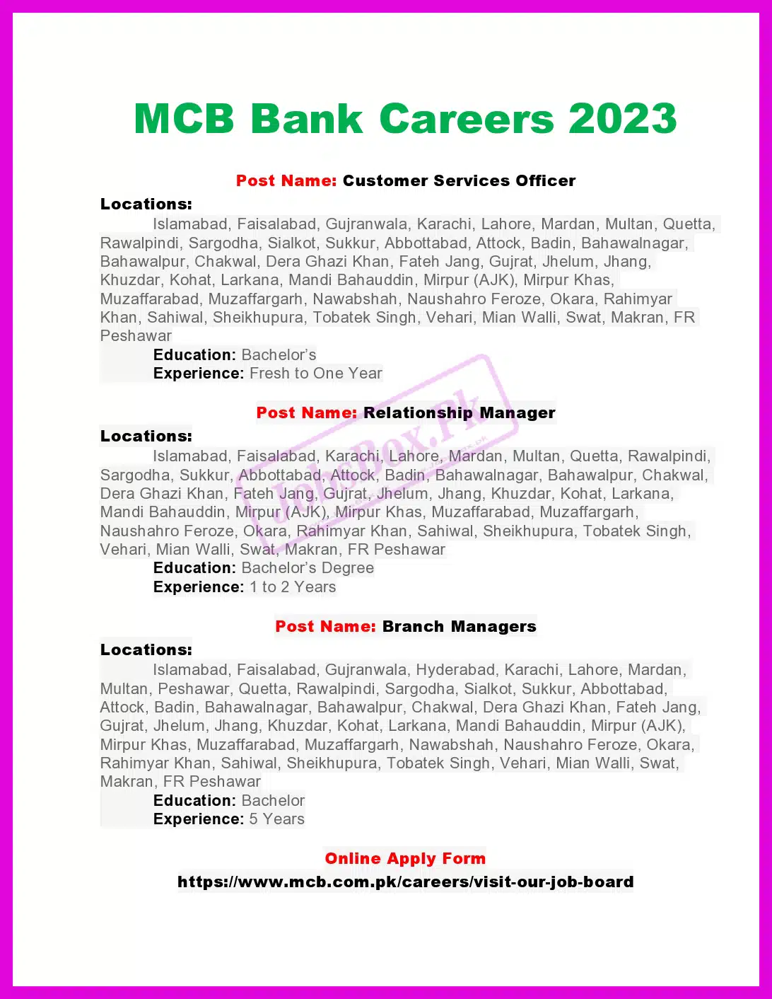 MCB Bank Recruitment of Branch Managers and Relationship Managers
