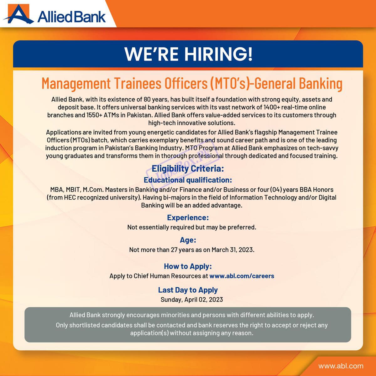 Management Trainees Officers MTO Jobs 2023 at Allied Bank