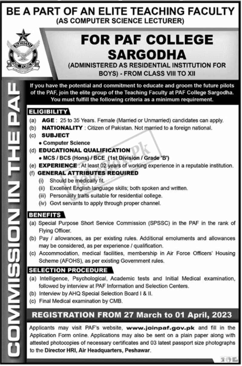 PAF College Sargodha Jobs 2023