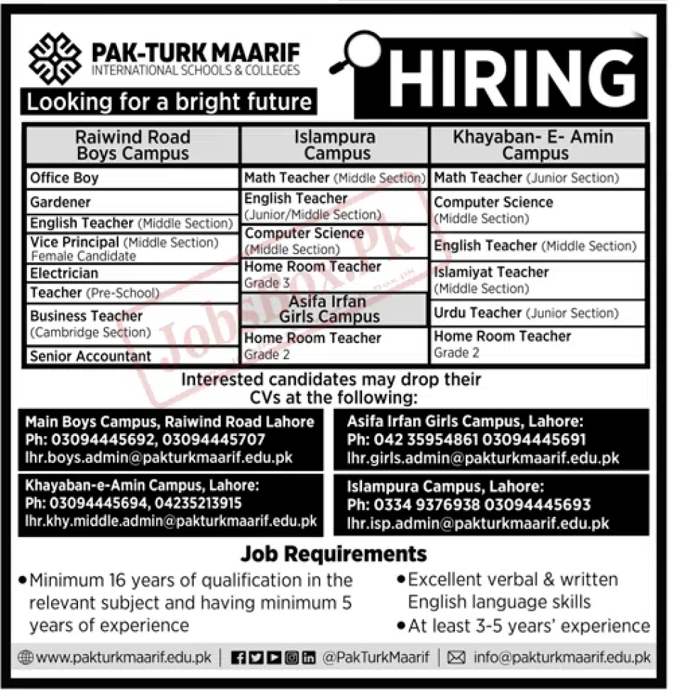 Pak Turk Maarif International Schools & Colleges Lahore Jobs 2023