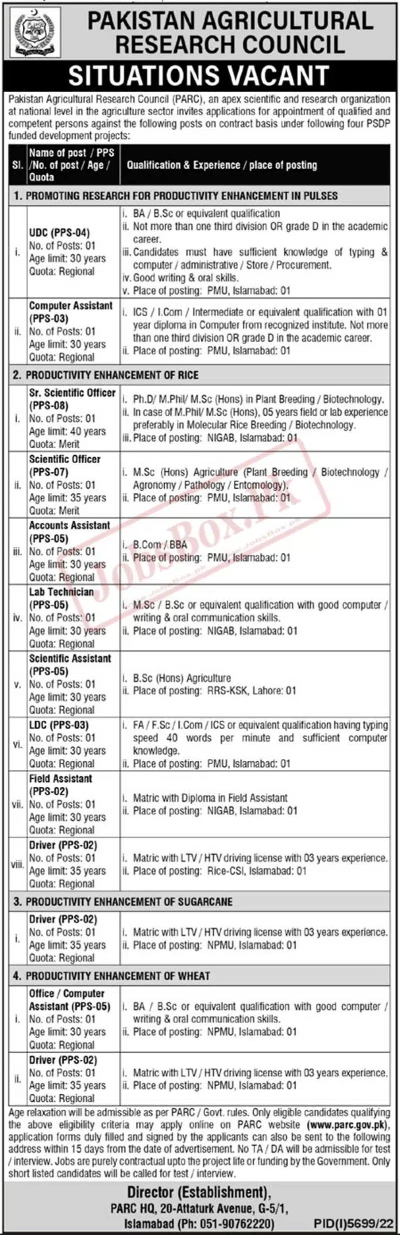 Pakistan Agricultural Research Council PARC Jobs March 2023