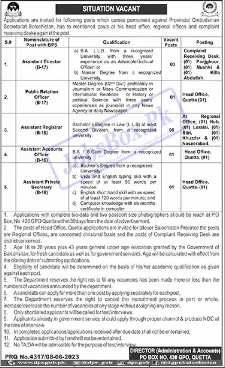 Provincial Ombudsman Secretariat Balochistan Jobs 2023 Apply Process