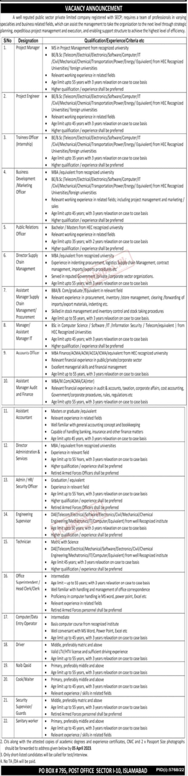 Public Sector Company PO Box 795 Islamabad Jobs 2023