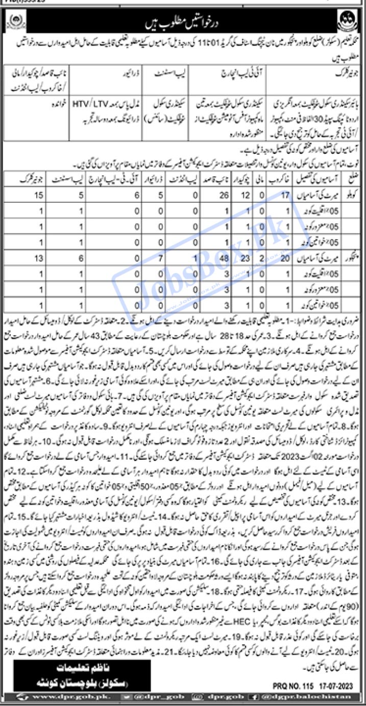 School Education Department Balochistan Jobs 2023 Current Vacancies