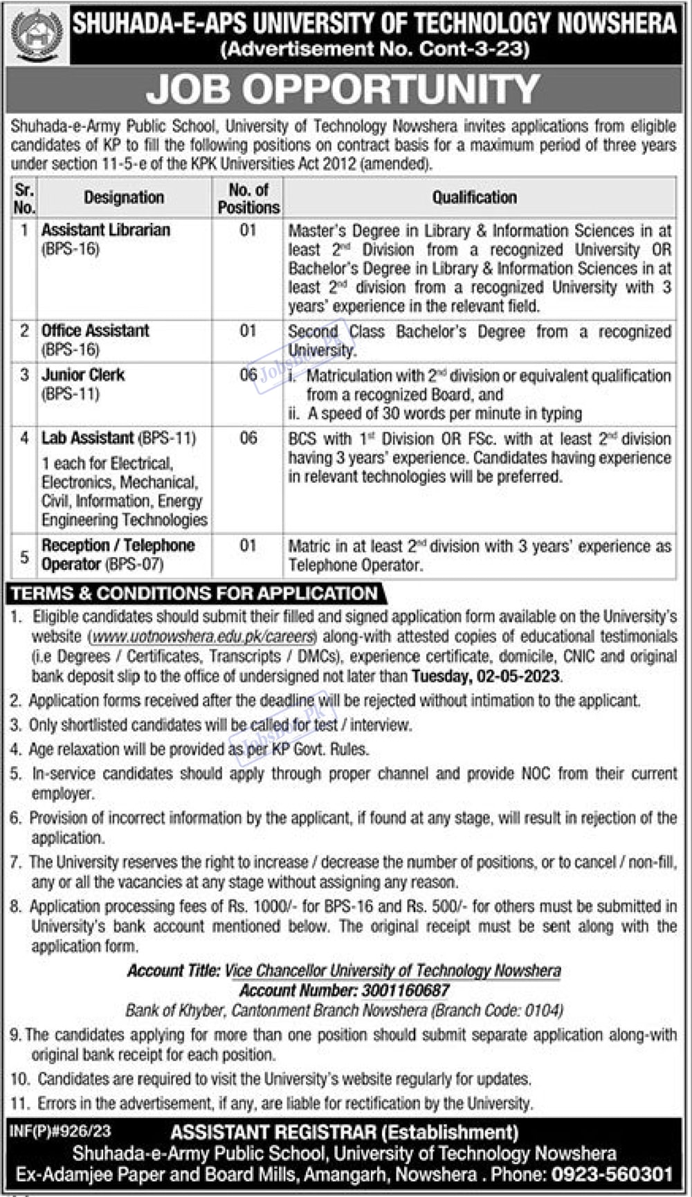 Shuhada E APS University of Technology Nowshera Jobs 2023 Advertisement No. 3