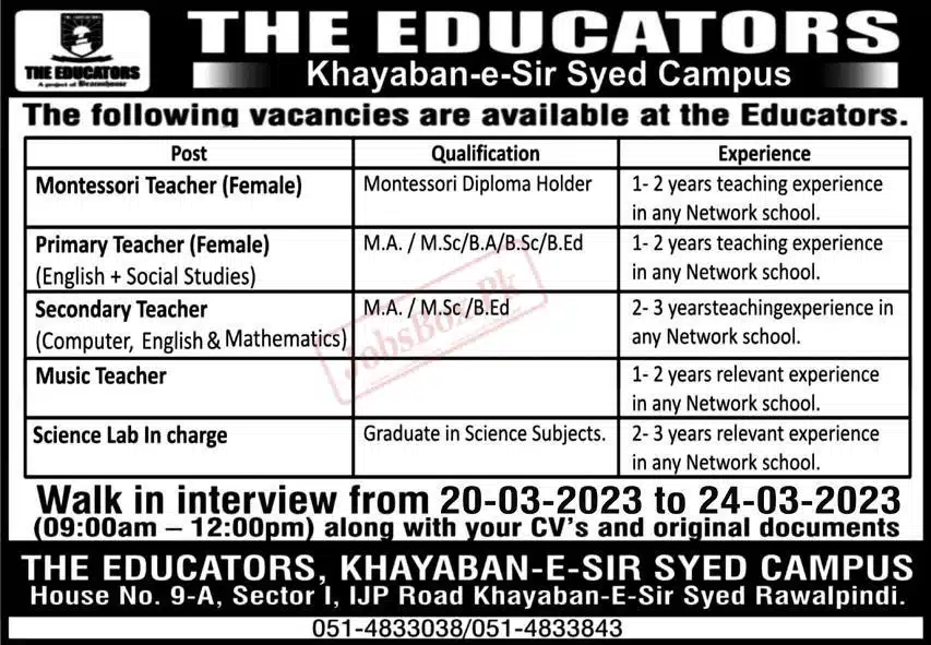 The Educators Khayaban Sir Syed Campus Rawalpindi Jobs 2023 Walk in Interview
