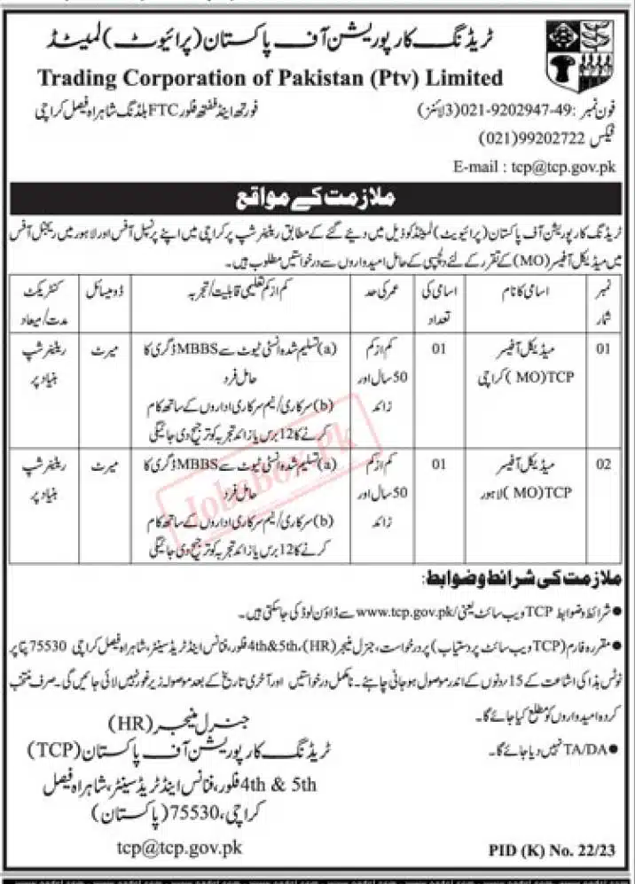 Trading Corporation of Pakistan TCP Jobs 2023 Download Form from TCP website