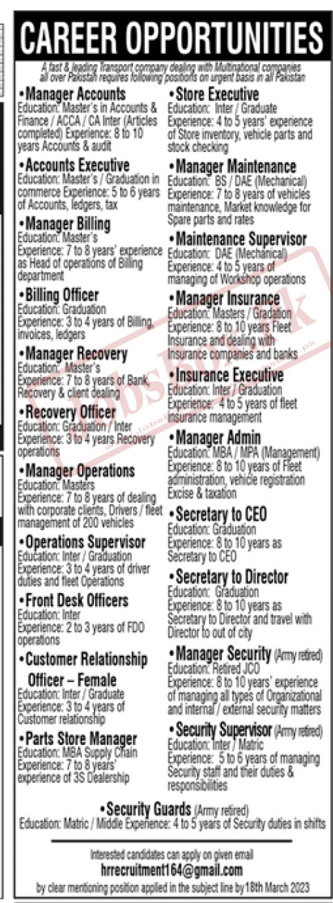 Transport Company Jobs 2023 across Pakistan