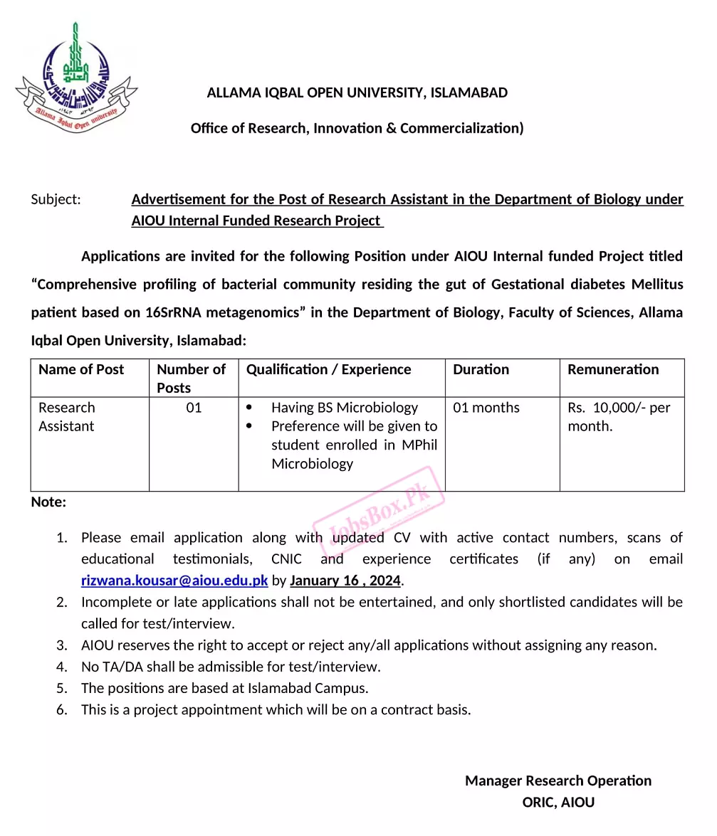 Allama Iqbal Open University AIOU Jobs 2024