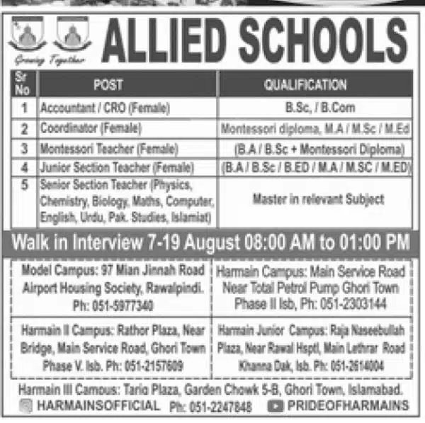 Allied Schools Islamabad Jobs 2023 for Males and Females - Jobs in Islamabad